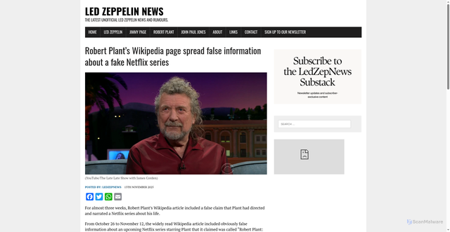 Security scan screenshot of https://ledzepnews.com/2025/11/13/robert-plants-wikipedia-page-spread-false-information-about-a-fake-netflix-series/