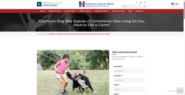 Security scan screenshot of https://www.nationalinjuryhelp.com/california-dog-bite-statute-of-limitations-how-long-do-you-have-to-file-a-claim/