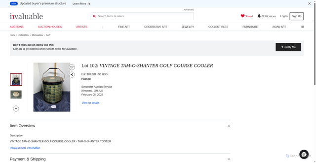 Security scan screenshot of https://www.invaluable.com/auction-lot/vintage-tam-o-shanter-golf-course-cooler-102-c-4b64b88bf9?srsltid=AfmBOooUF1i5zmEJGp5NC4XbNpF7vPEAsWi33PJ2r1_aXnMglrhBex-D