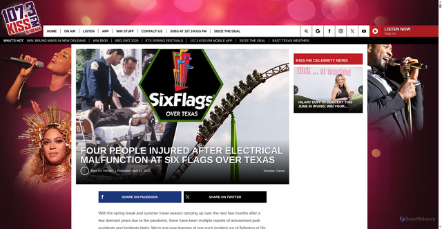 Security scan screenshot of https://1073kissfmtexas.com/four-people-injured-after-electrical-malfunction-at-six-flags-over-texas/