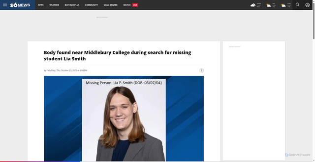 Security scan screenshot of https://cbs6albany.com/news/local/body-found-near-middlebury-college-during-search-for-missing-student-lia-smith-cbs6-wrgb