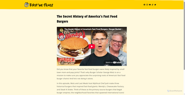 Security scan screenshot of https://firstwefeast.com/blogs/news/the-secret-history-of-americas-fast-food-burgers