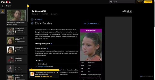 Security scan screenshot of https://twd-fanon.fandom.com/wiki/Eliza_Morales