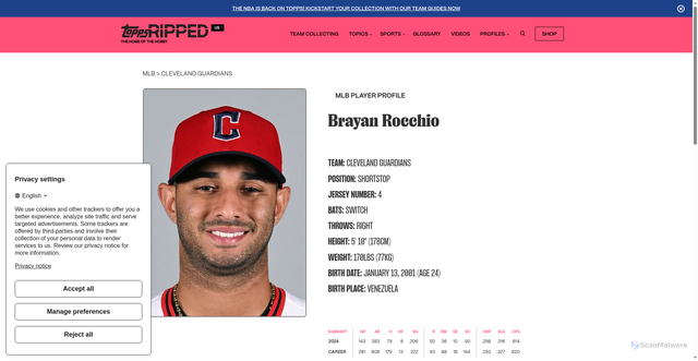 Security scan screenshot of https://ripped.topps.com/profile/mlb/brayan-rocchio/