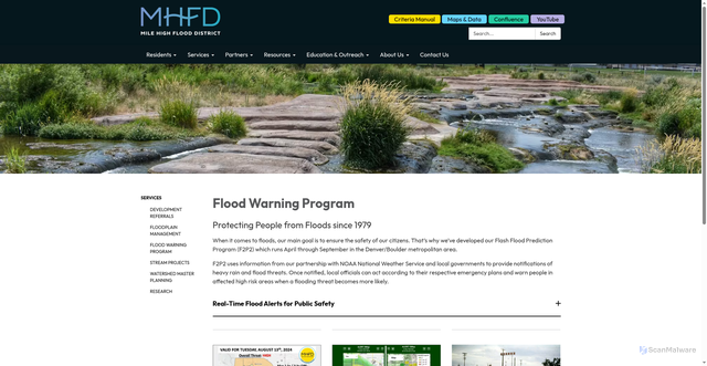 Security scan screenshot of https://www.mhfd.org/flood-warning-program
