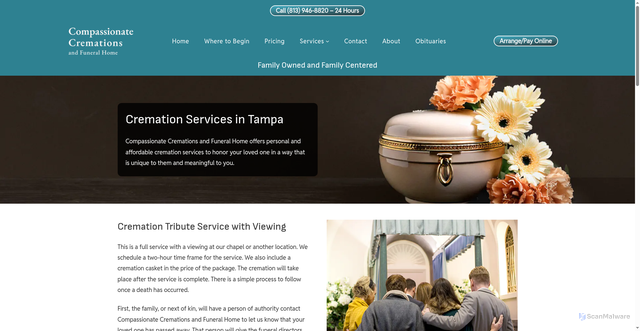 Security scan screenshot of https://www.compassionatecremationsflorida.com/funeral-service-explained/cremation/