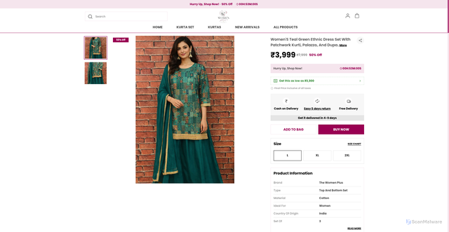 Security scan screenshot of https://thewomenplus.com/WomenS-Teal-Green-Ethnic-Dress-Set-With-Patchwork-Kurti-/catalogue/mf6UN0bL/E-z7alw4