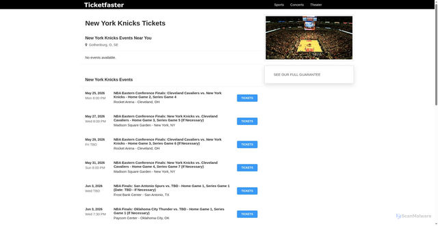 Security scan screenshot of https://www.ticketfaster.com/performers/new-york-knicks
