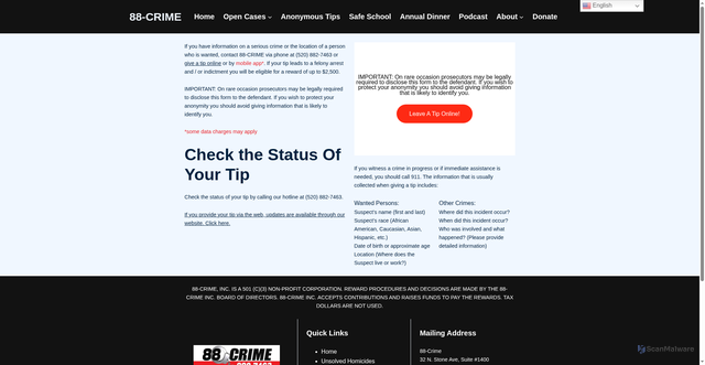 Security scan screenshot of https://88crime.org/anonymous-tips/