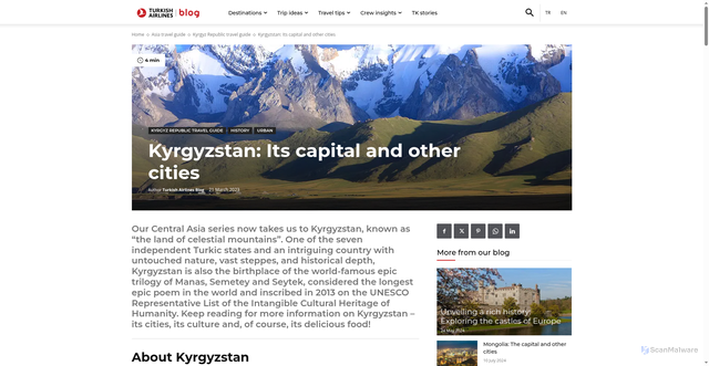 Security scan screenshot of https://blog.turkishairlines.com/en/kyrgyzstan-its-capital-and-other-cities/