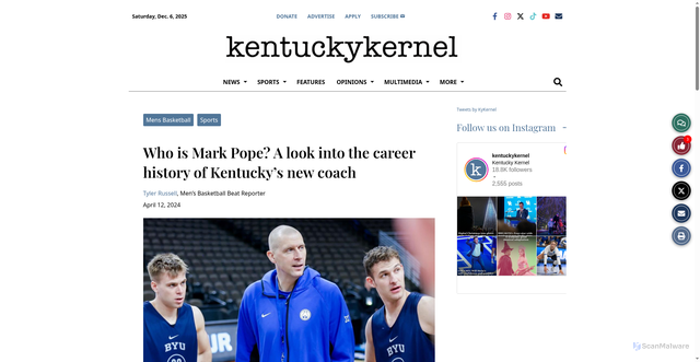 Security scan screenshot of https://kykernel.com/101853/sports/who-is-mark-pope-a-look-into-the-career-history-of-kentuckys-new-coach/