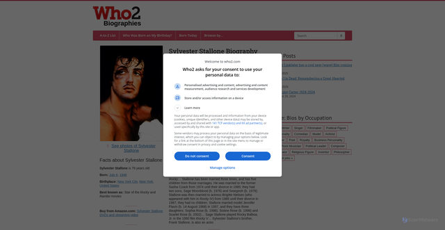 Security scan screenshot of https://www.who2.com/bio/sylvester-stallone/