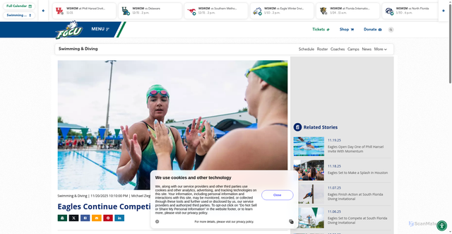 Security scan screenshot of https://fgcuathletics.com/news/2025/11/20/swimming-diving-eagles-continue-competition-at-phill-hansel-invite.aspx