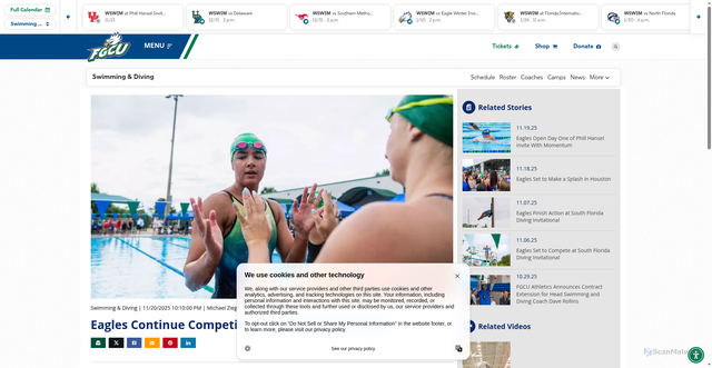 Security scan screenshot of https://fgcuathletics.com/news/2025/11/20/swimming-diving-eagles-continue-competition-at-phill-hansel-invite.aspx