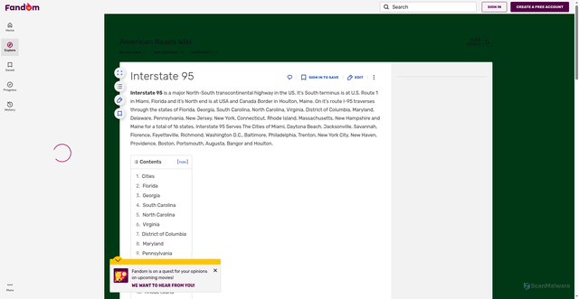 Security scan screenshot of https://americanroads.fandom.com/wiki/Interstate_95