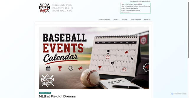 Security scan screenshot of https://forty4baseball.com/events/mlb-field-of-dreams-2026/