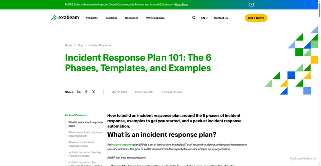 Security scan screenshot of https://www.exabeam.com/blog/incident-response/incident-response-plan-101-the-6-phases-templates-and-examples/