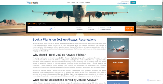 Security scan screenshot of https://www.travodeals.us/airlines/jetblue-airways-b6-flights