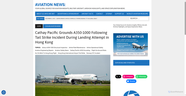 Security scan screenshot of https://aviationnews.eu/news/2025/12/cathay-pacific-grounds-a350-1000-following-tail-strike-incident-during-landing-attempt-in-hong-kong/