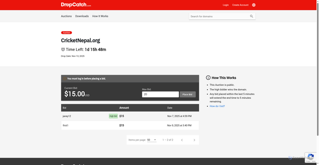 Security scan screenshot of https://www.dropcatch.com/domain/cricketnepal.org