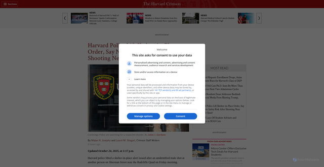Security scan screenshot of https://www.thecrimson.com/article/2025/10/24/cpd-shooting-near-quad/