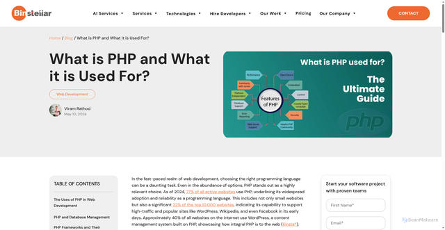 Security scan screenshot of https://www.binstellar.com/blog/what-is-php-used-for/