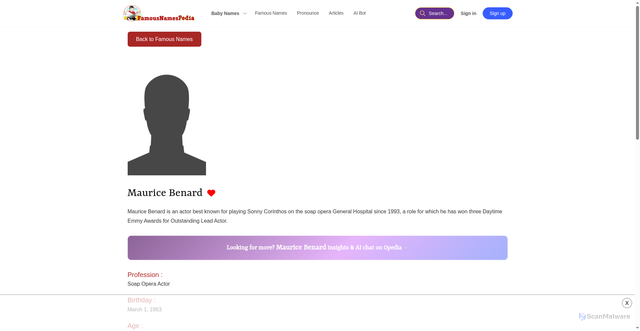 Security scan screenshot of https://www.babynamespedia.com/famousname/maurice-benard