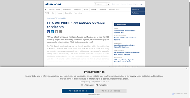 Security scan screenshot of https://www.stadiaworld.com/news/65811/fifa-wc-2030-in-six-nations-on-three-continents