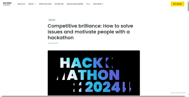 Security scan screenshot of https://exness-careers.com/blog/competitive-brilliance-how-to-solve-issues-and-motivate-people-with-a-hackathon