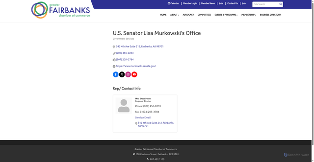 Security scan screenshot of https://www.fairbankschamber.org/list/member/u-s-senator-lisa-murkowski-s-office-900