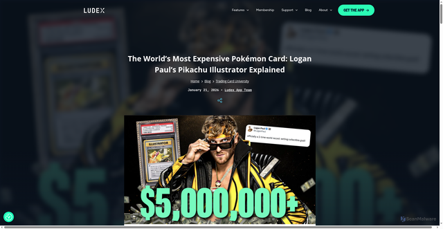 Security scan screenshot of https://www.ludex.com/blog/trading-card-university/the-worlds-most-expensive-pokemon-card-logan-pauls-pikachu-illustrator-explained/