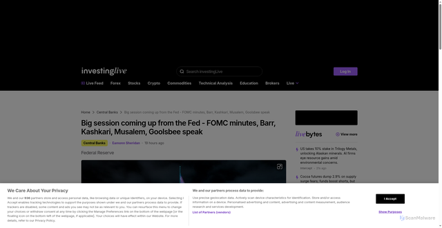 Security scan screenshot of https://investinglive.com/centralbank/big-session-coming-up-from-the-fed-fomc-minutes-barr-kashkari-musalem-goolsbee-speak-20251008/
