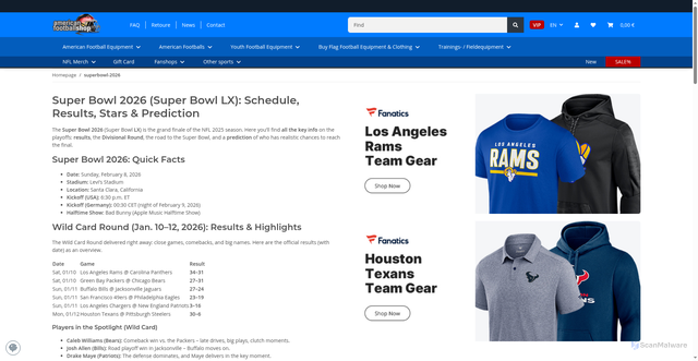 Security scan screenshot of https://www.american-footballshop.de/superbowl-2026