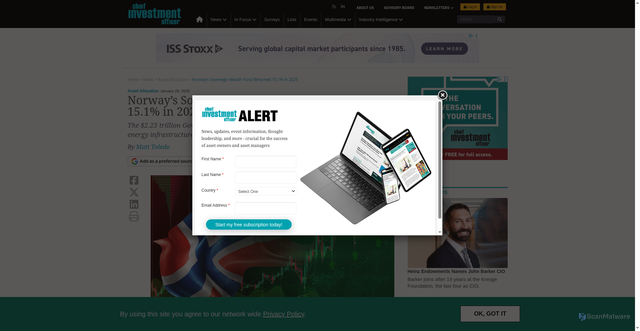 Security scan screenshot of https://www.ai-cio.com/news/norways-sovereign-wealth-fund-returned-15-1-in-2025/