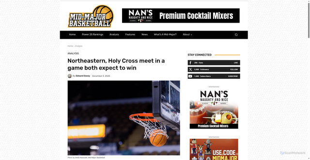 Security scan screenshot of https://www.midmajorbasketball.com/northeastern-holy-cross-meet-in-a-game-both-expect-to-win/