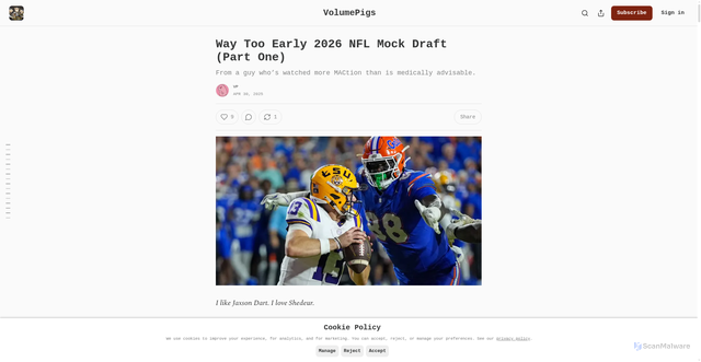 Security scan screenshot of https://www.volumepigs.com/p/way-too-early-2026-nfl-mock-draft