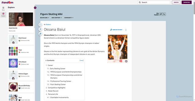 Security scan screenshot of https://skating.fandom.com/wiki/Oksana_Baiul