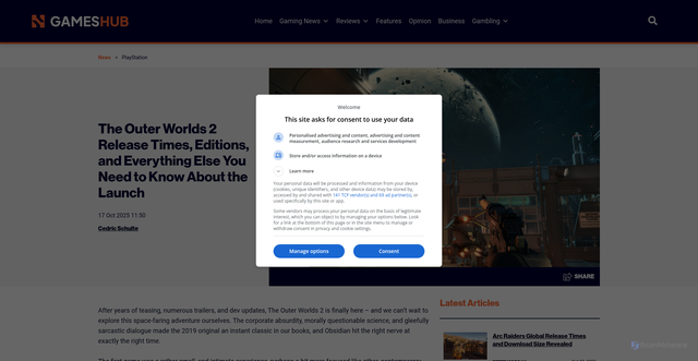 Security scan screenshot of https://www.gameshub.com/news/article/the-outer-worlds-2-release-time-2834460/