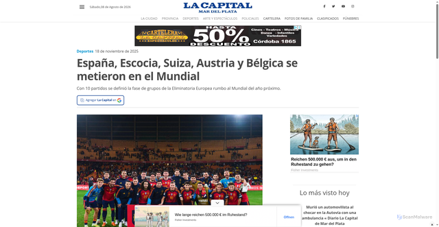 Security scan screenshot of https://www.lacapitalmdp.com/espana-escocia-suiza-austria-y-belgica-se-metieron-en-el-mundial/