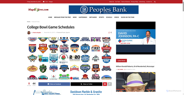 Security scan screenshot of https://mageenews.com/college-bowl-game-schedules/