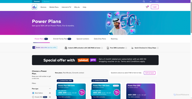 Security scan screenshot of https://shop.du.ae/en/personal/s-du-postpaid-plans?contract=medium&minutes=flexible&planType=new&gclsrc=aw.ds&gad_source=1&gad_campaignid=21167653320&gbraid=0AAAAACS9C2l5frodrtOvO76vgVfMrySYH&gclid=Cj0KCQiA7fbLBhDJARIsAOAqhscZjg6WPPIsOY1pvae-k9BePMOO9a2QVH6t9tLvvHG7qnKafkhYOBoaAsseEALw_wcB