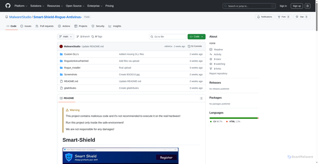 Security scan screenshot of https://github.com/MalwareStudio/Smart-Shield-Rogue-Antivirus-
