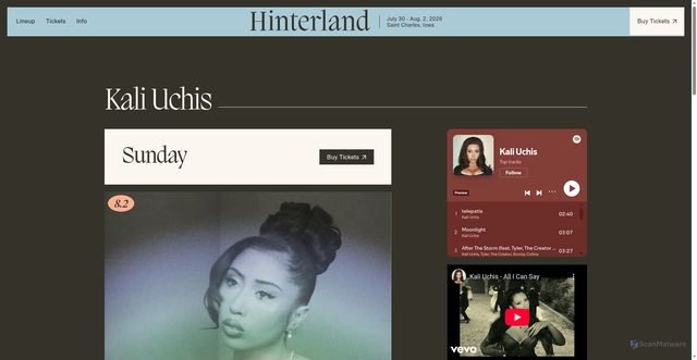 Security scan screenshot of https://www.hinterlandiowa.com/artist/kali-uchis