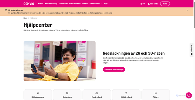 Security scan screenshot of https://www.comviq.se/hjalp?utm_source=spready&utm_medium=email&utm_campaign=invoice