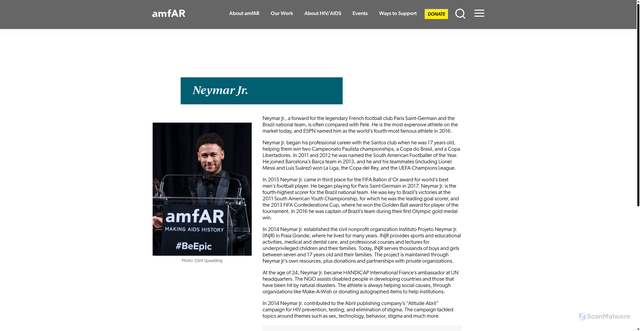 Security scan screenshot of https://www.amfar.org/honorees/neymar-jr/