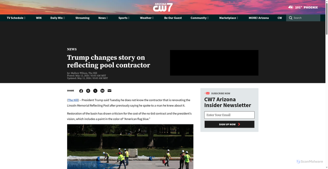 Security scan screenshot of https://cw7az.com/news/trump-changes-story-on-reflecting-pool-contractor/