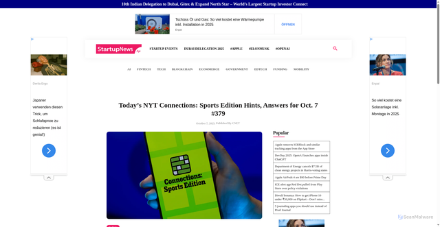 Security scan screenshot of https://startupnews.fyi/2025/10/07/todays-nyt-connections-sports-edition-hints-answers-for-oct-7-379/