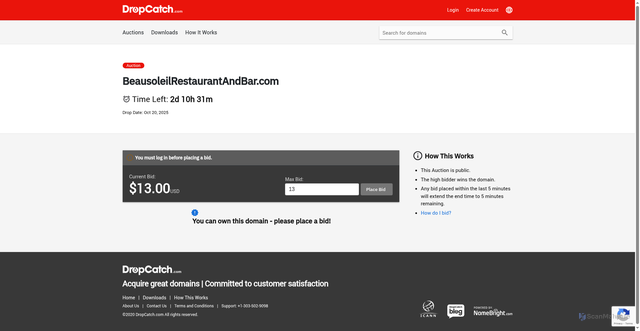 Security scan screenshot of https://beausoleilrestaurantandbar.com/