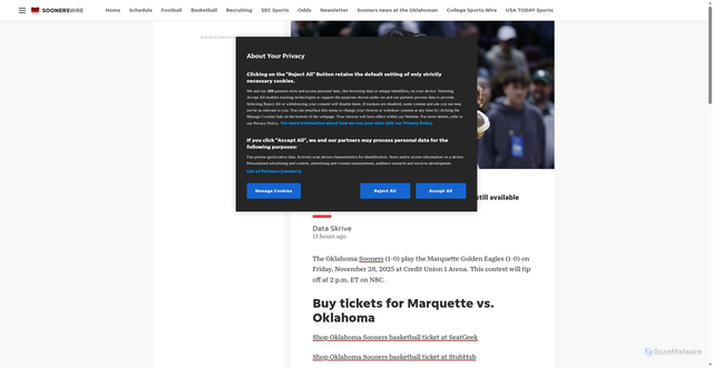 Security scan screenshot of https://soonerswire.usatoday.com/story/sports/college/sooners/2025/11/05/oklahoma-vs-marquette-college-basketball-tickets-nov-28/87101711007/