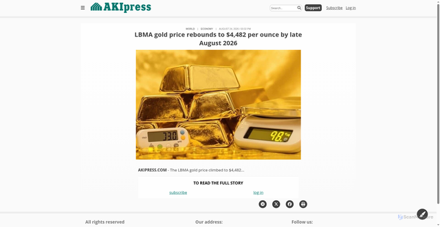 Security scan screenshot of https://akipress.com/news:914290:LBMA_gold_price_rebounds_to_$4,482_per_ounce_by_late_August_2026/
